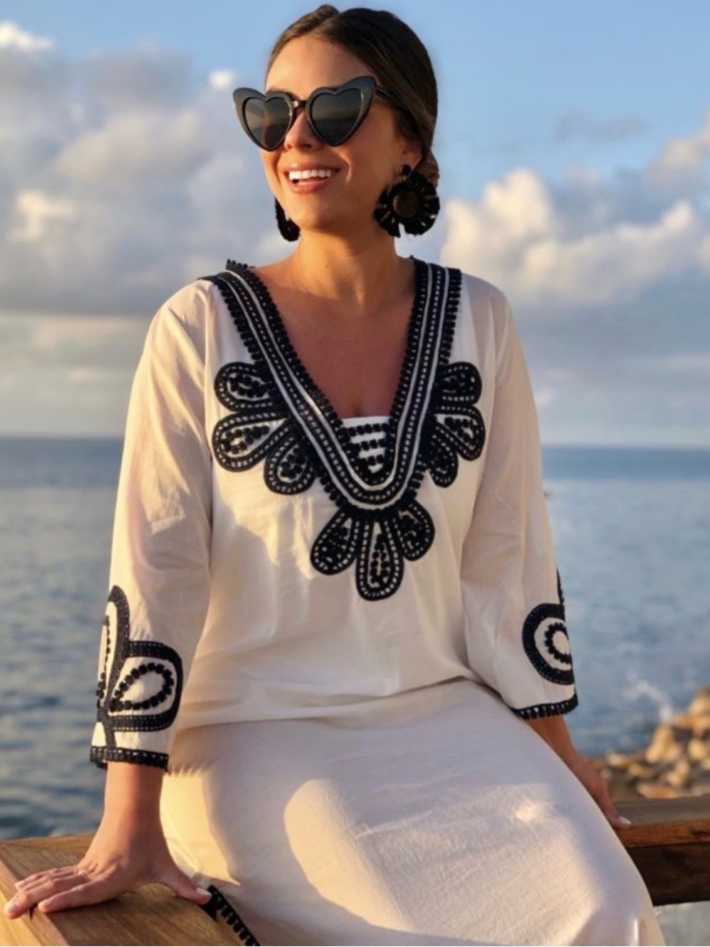 J Crew - White Tunic Coverup Dress with Navy Embroidered Detail